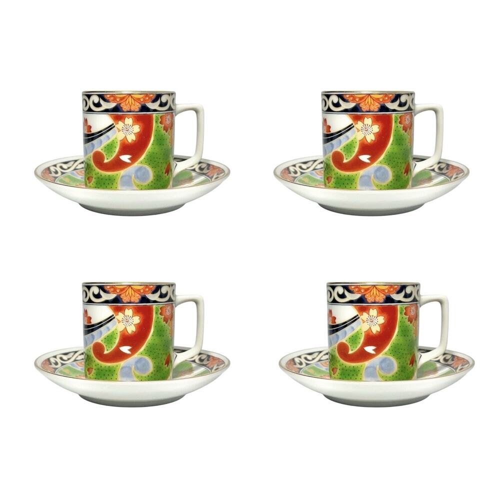 Vintage Porcelain Japanese Imari Arita Flower Demitasse Espresso 4 Cups Saucers